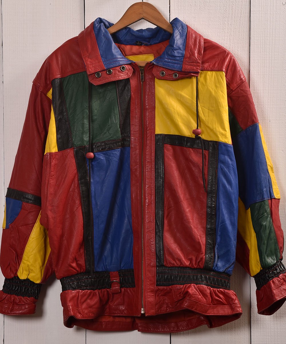  Colorful Leather Patchwork Jacket Blouson type ե쥶 ѥå 㥱å ֥륾   ͥå  岰졼ץե롼 ࡼ