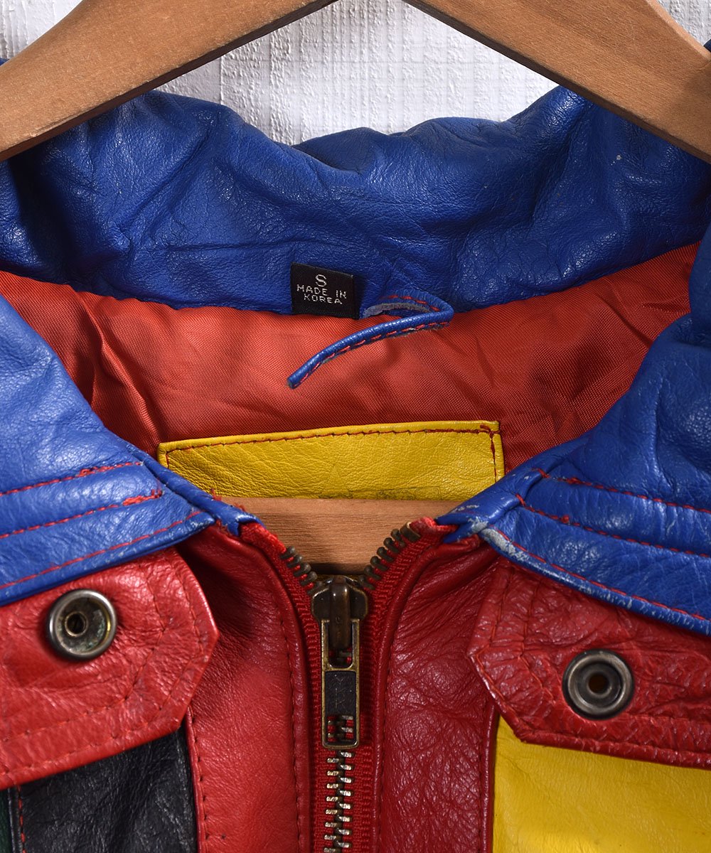 Colorful Leather Patchwork Jacket Blouson type ե쥶 ѥå 㥱å ֥륾 ͥ