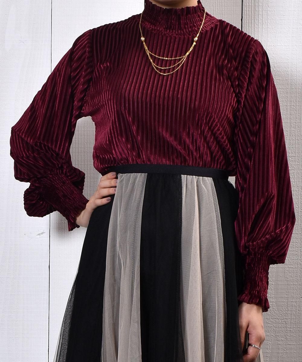 Meridian ベロア ストライプ ハイネック トップス ワインレッド Velour Stripe Highｰneck Tops Wine Red 古着のネット通販サイト 古着屋グレープフルーツムーン Grapefruitmoon Onlineshop ヴィンテージアイテム レトロファッション