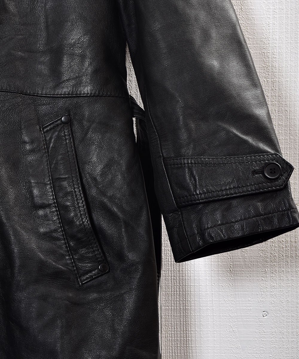ブラック レザー ロングコート ｜Black Leather Long Coat - 古着の 