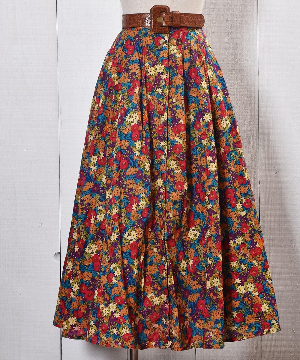 Flower Pattern Center Button flare Long Skirt｜花柄 前ボタン