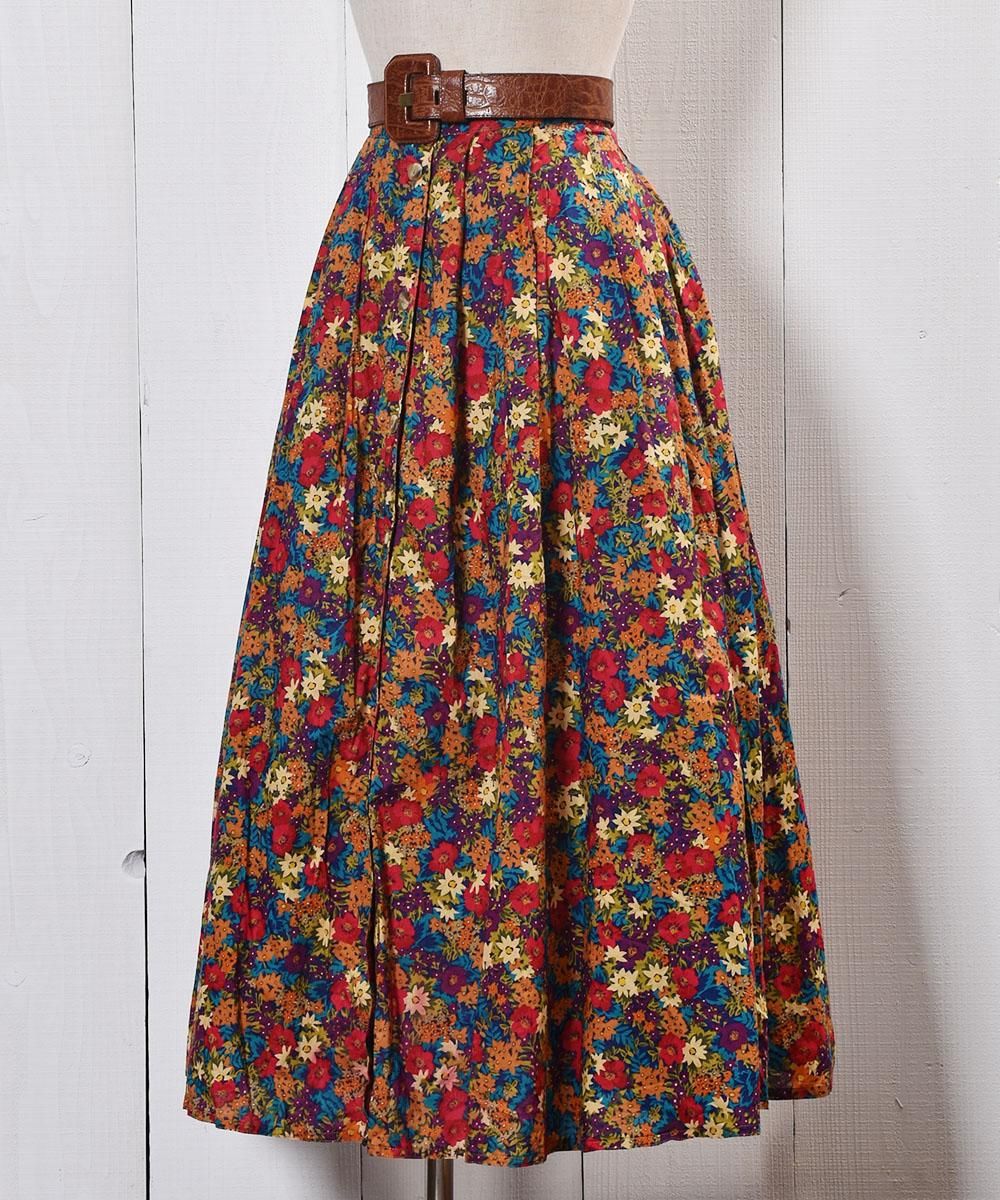 Flower Pattern Center Button flare Long Skirt｜花柄 前ボタン