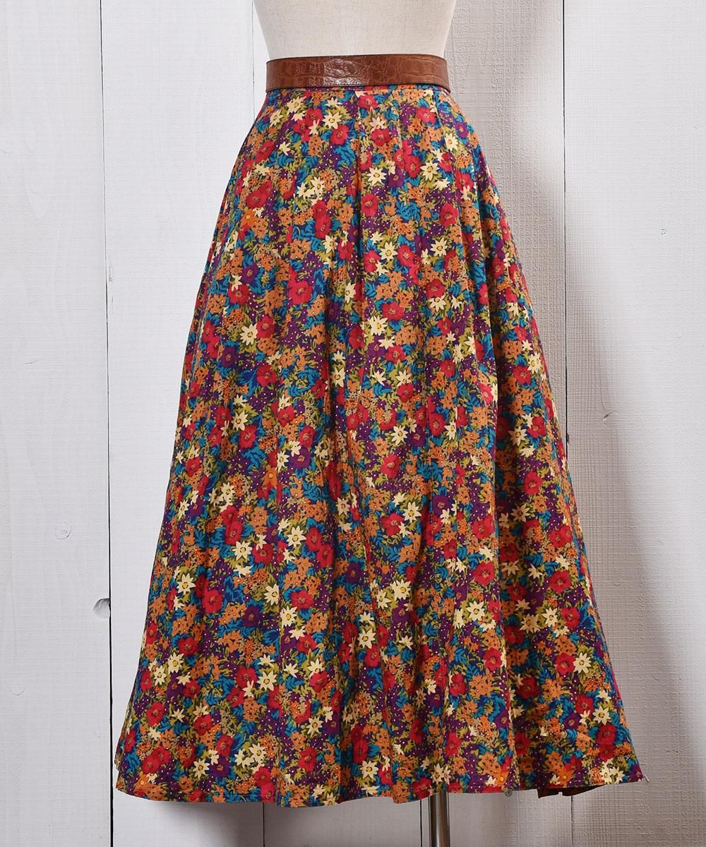 Flower Pattern Center Button flare Long Skirt｜花柄 前ボタン