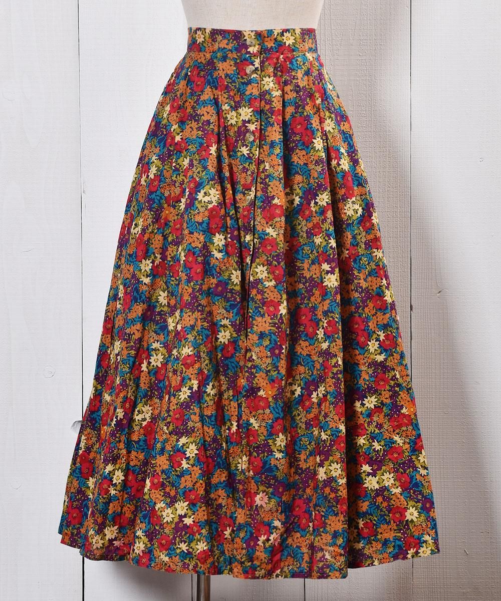 Flower Pattern Center Button flare Long Skirt｜花柄 前ボタン