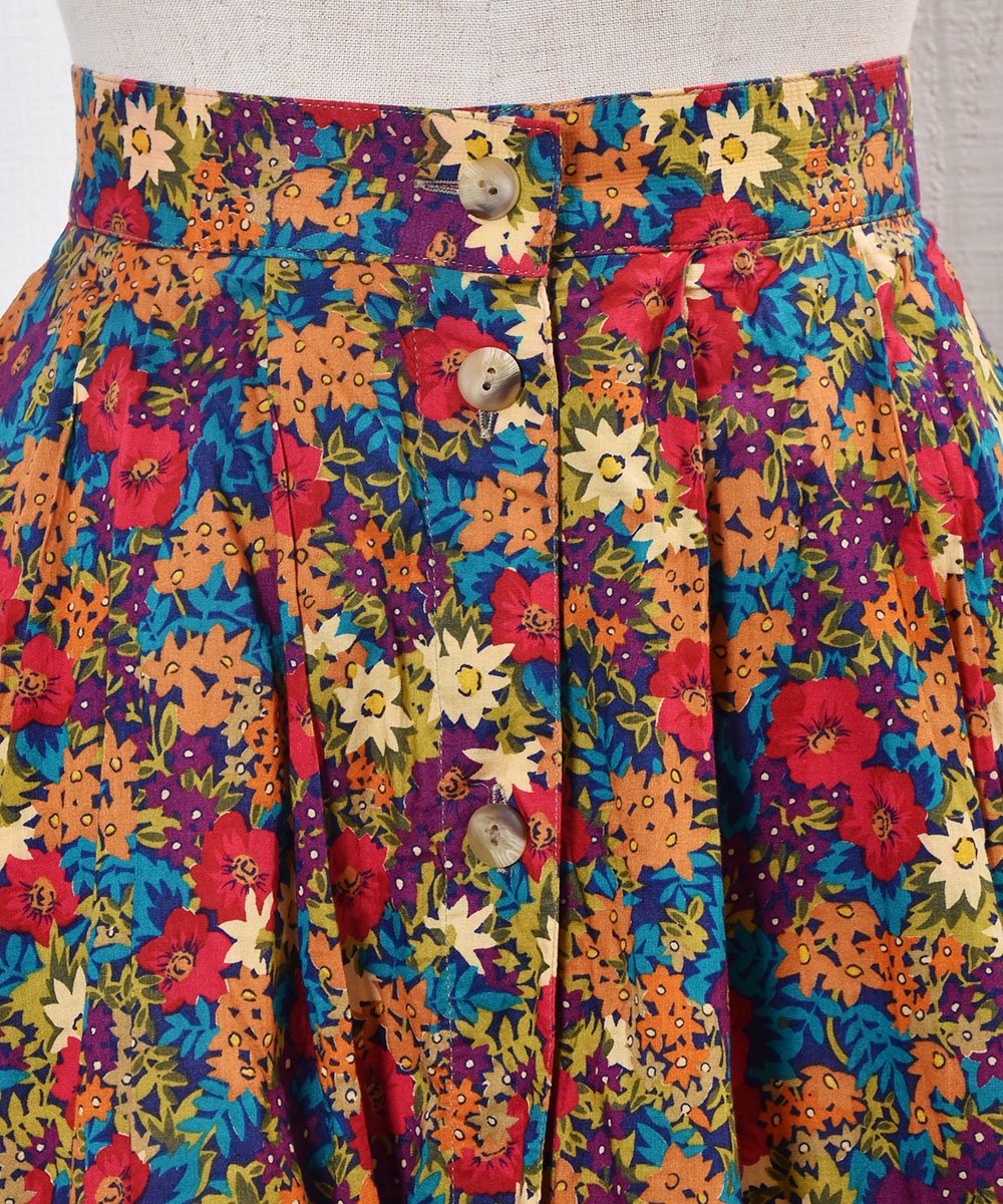 Flower Pattern Center Button flare Long Skirt｜花柄 前ボタン