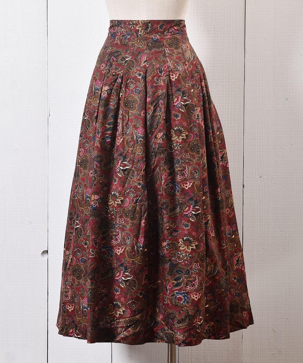ボタニカル柄 タック フレア スカート ミモレ丈 Botanical Pattern Tuck Flare Skirt 古着のネット通販サイト 古着屋グレープフルーツムーン Grapefruitmoon Onlineshop ヴィンテージアイテム レトロファッション