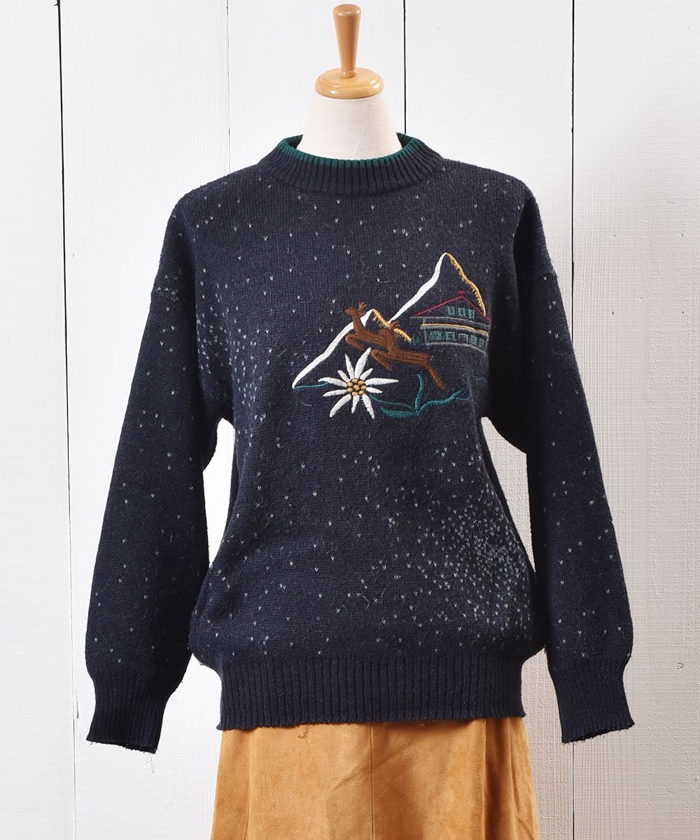 ヨーロッパ製 トナカイ 刺繍 セーター ネイビー｜”Made in Europe