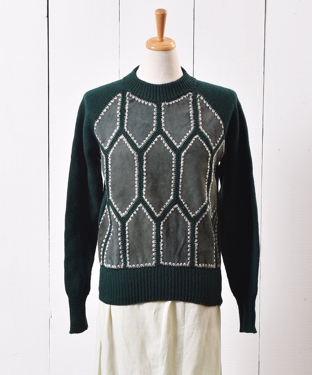  70~80ǯ 쥶& ǥ˥å 70~80's LeatherSuede Design Knit   ͥå  岰졼ץե롼 ࡼ