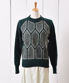70~80ǯ 쥶& ǥ˥å 70~80's LeatherSuede Design Knit  Υͥå 岰졼ץե롼 ࡼ