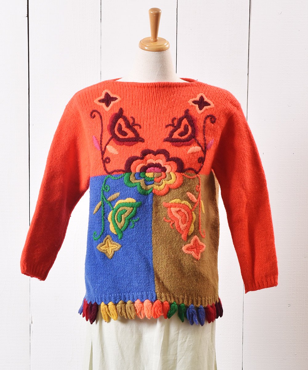 70年代 花刺繍 フリンジ ニット セーター ｜70's Flower Embroidery