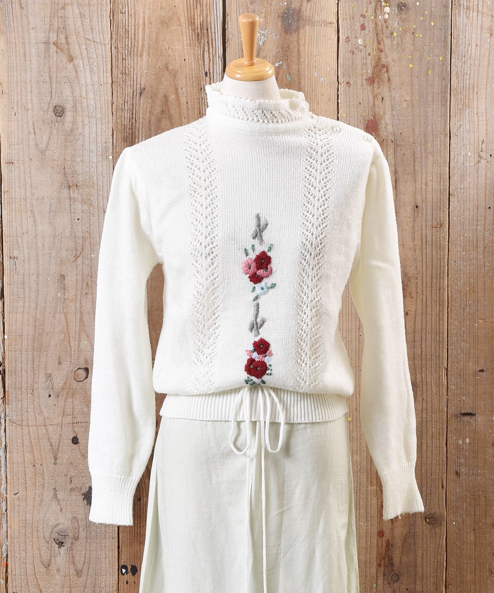  ǥ˥å ֻɽ ɥ顼Design knit Sweater Flower Embroidered Stand Collar  ͥå  岰졼ץե롼 ࡼ