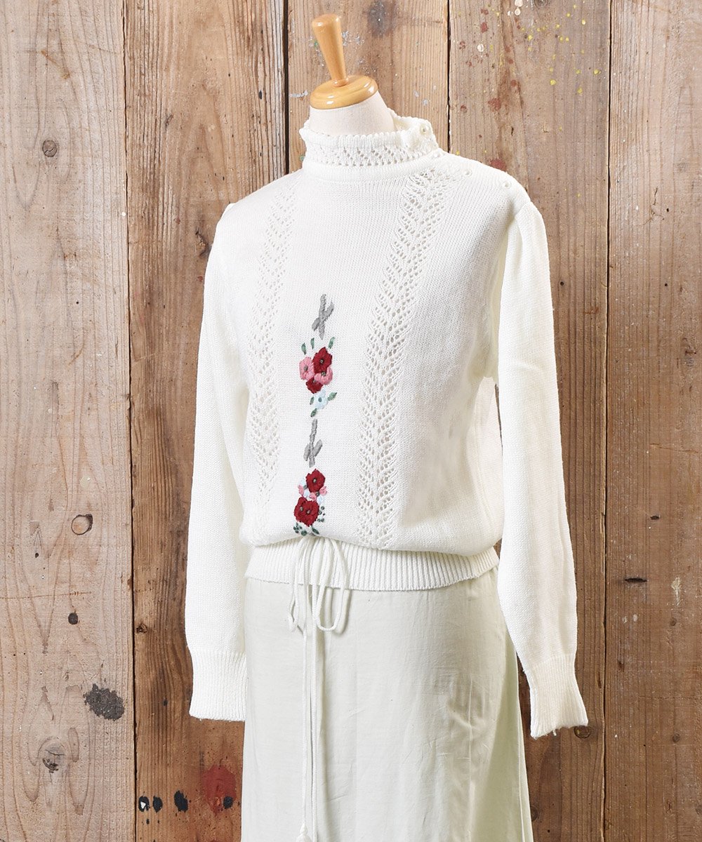 ǥ˥å ֻɽ ɥ顼Design knit Sweater Flower Embroidered Stand Collarͥ