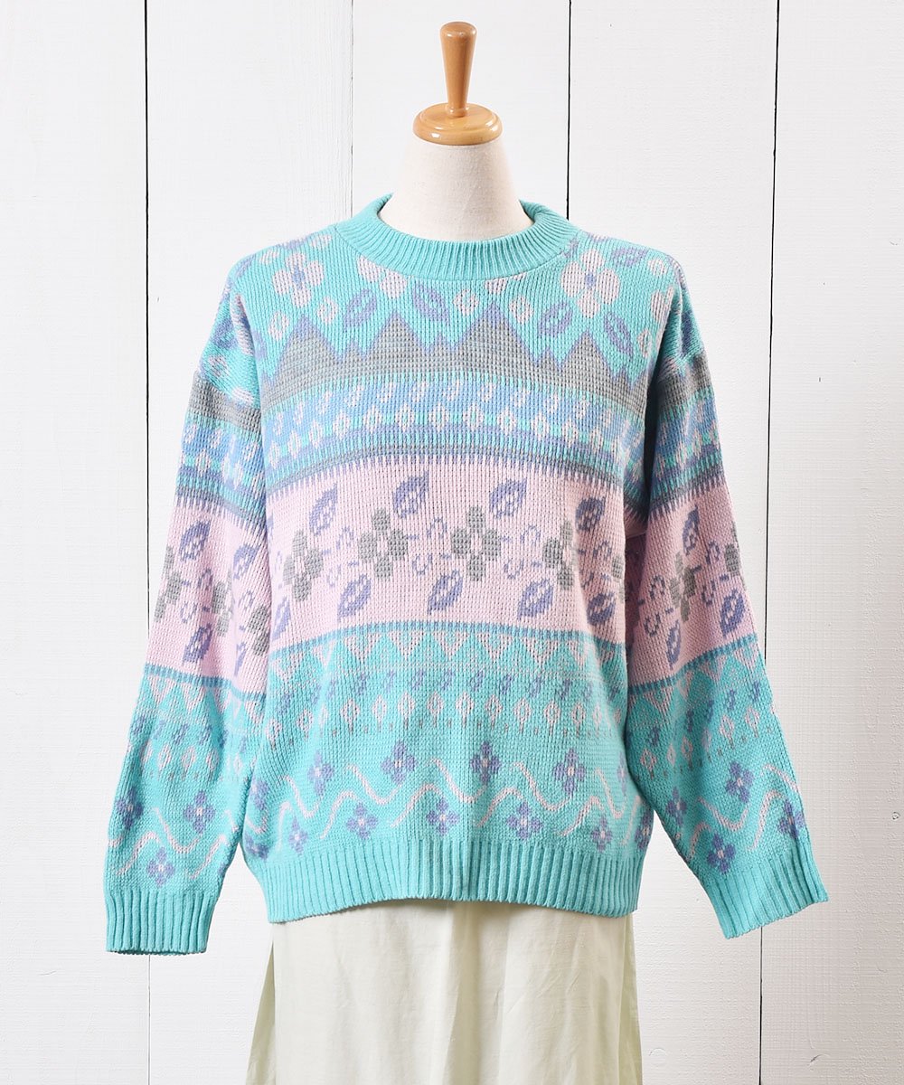  ꥫ ѥƥ ˥å  Made in USA Knit Sweater Pastel Color Flower Pattern  ͥå  岰졼ץե롼 ࡼ