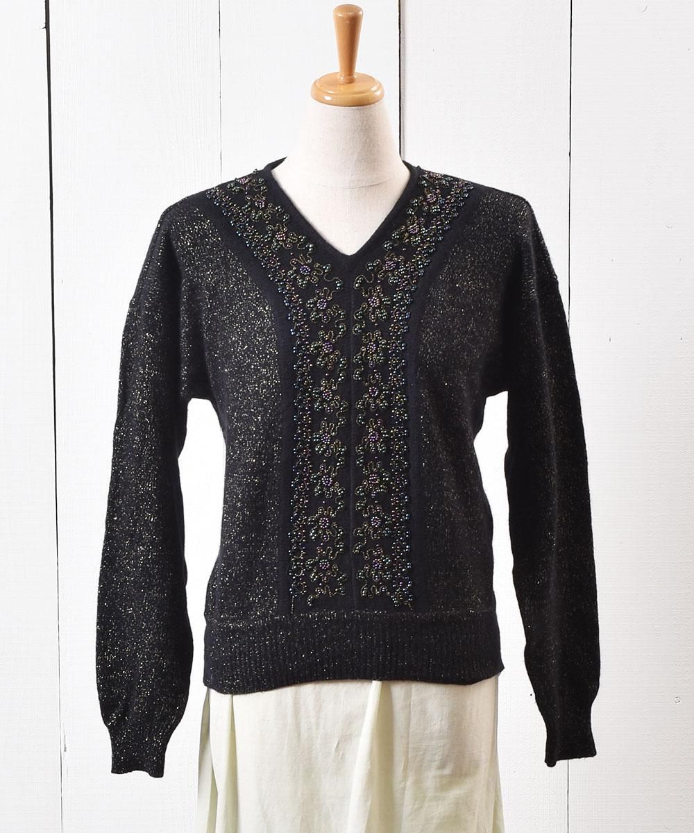 ゴールドラメ ビーズ刺繍 Vネック セーター| Gold Lame Beaded