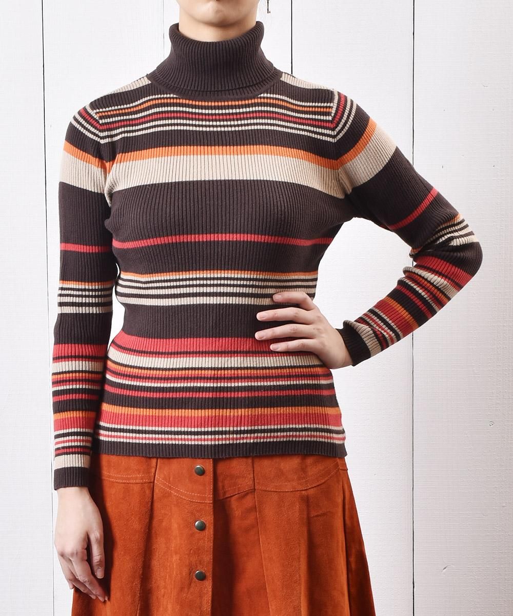 ȥͥå ˥å ޥܡ ֥饦ߥåɡåTurtle Neck Knit Multi Border BrownRedͥ