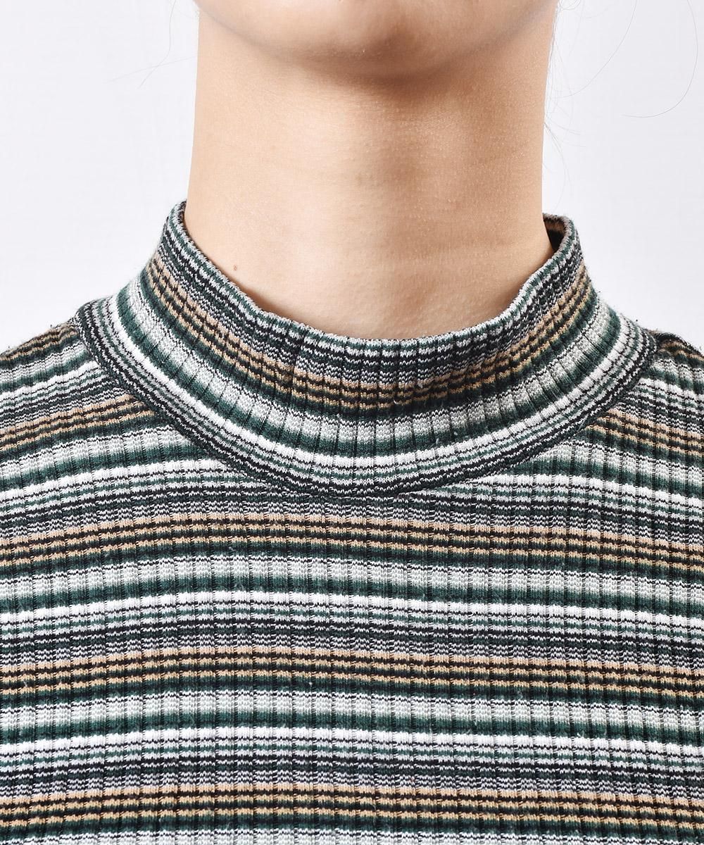 タートルネック カットソー マルチボーダー ブラック×グリーン｜Turtle