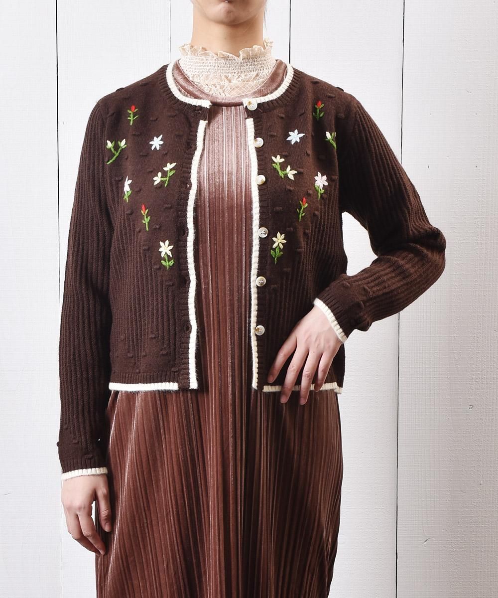 Elcamino チロル ニット 花刺繍カーディガン ブラウン Tylol Knit Cardigan Flower Embroidered Brown 古着のネット通販サイト 古着屋グレープフルーツムーン Grapefruitmoon Onlineshop ヴィンテージアイテム レトロファッション