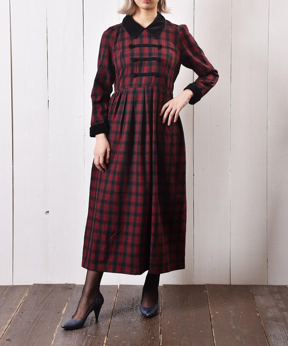 チェック柄 ベロア襟 ワンピース Check Pattern Velor Collar One Piece 古着のネット通販サイト 古着屋グレープフルーツムーン Grapefruitmoon Onlineshop ヴィンテージアイテム レトロファッション