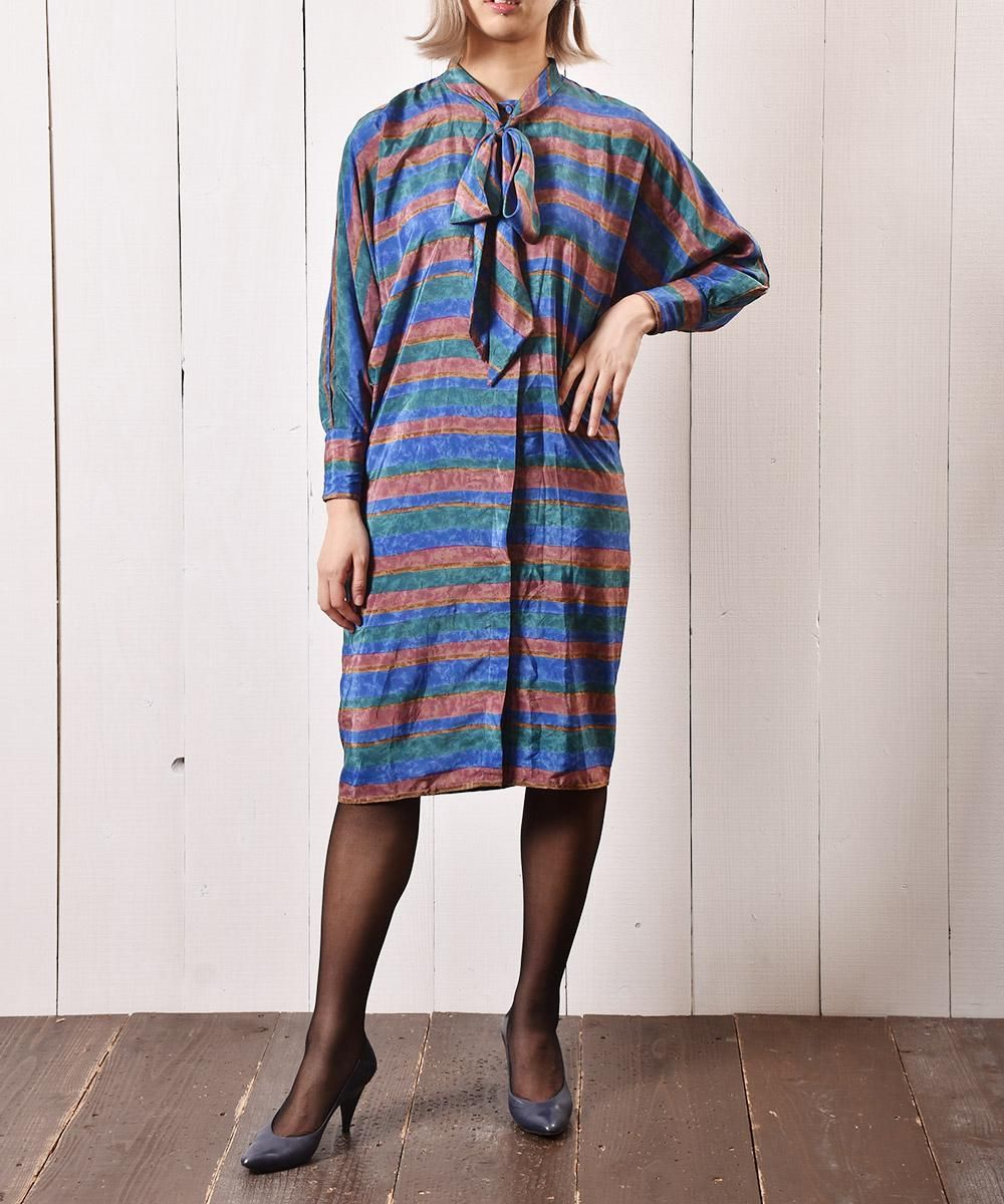 カナダ製 ボーダー ドルマンスリーブ リボンタイ ワンピース Made In Usa Stripe Pattern Ribbon Tie One Piece 古着のネット通販サイト 古着屋グレープフルーツムーン Grapefruitmoon Onlineshop ヴィンテージアイテム レトロファッション