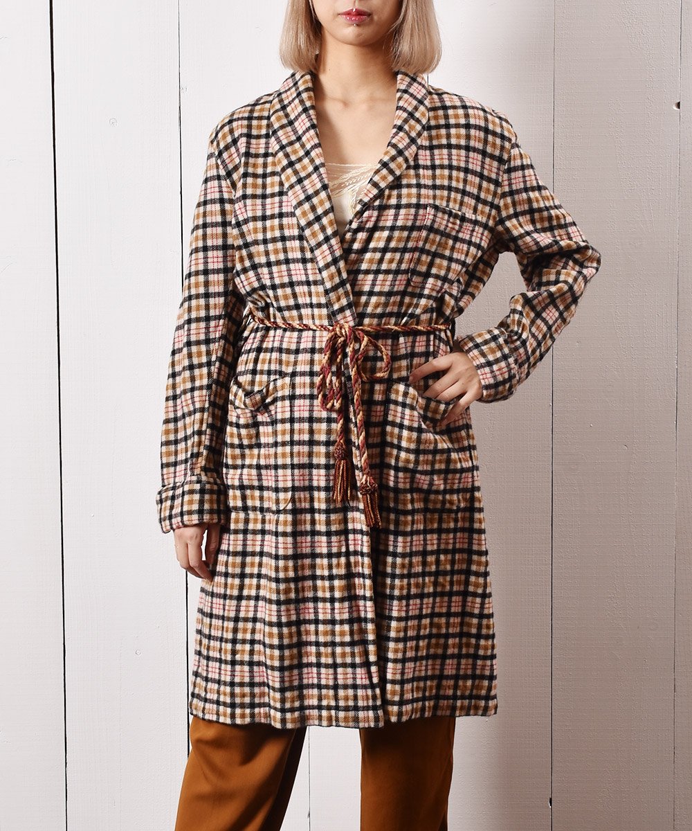 イングランド製 チェック柄 ウールガウン ベージュ タッセルベルト