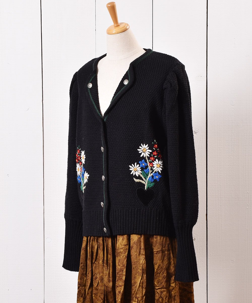 ヨーロッパ製 チロリアン ニットカーディガン 花刺繍 - 古着のネット 