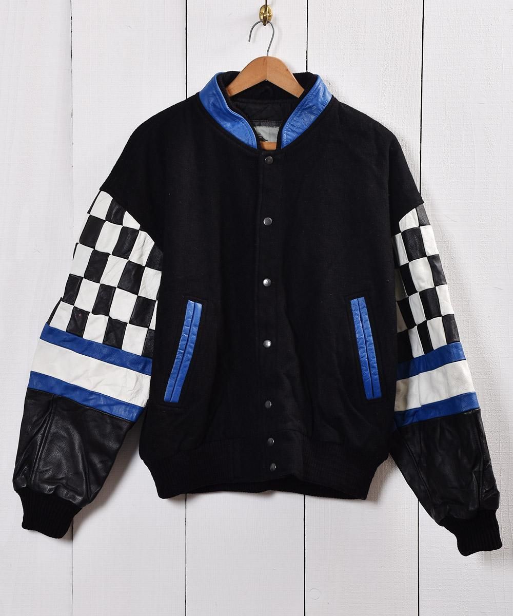 レザー チェッカーフラッグデザイン切り替え スタンドカラー