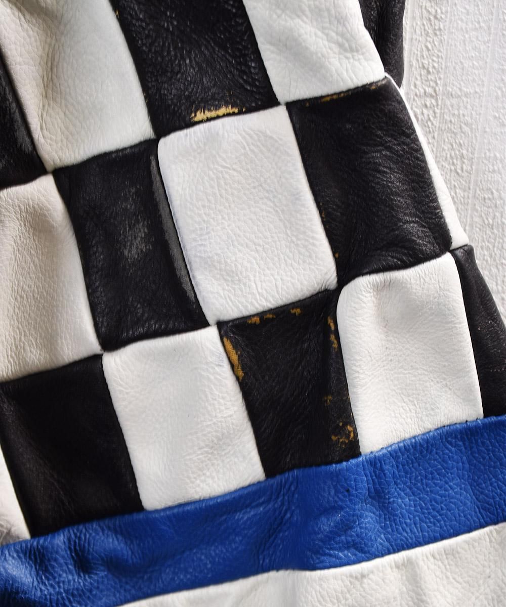 レザー チェッカーフラッグデザイン切り替え スタンドカラー