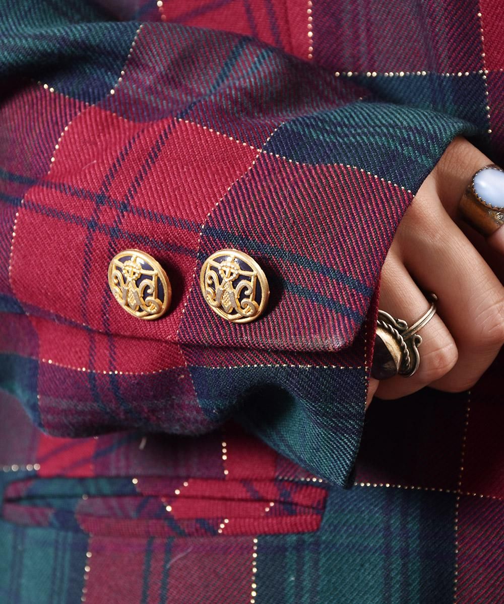 ボルドー×グリーン チェック柄 テーラード ジャケット - 古着屋