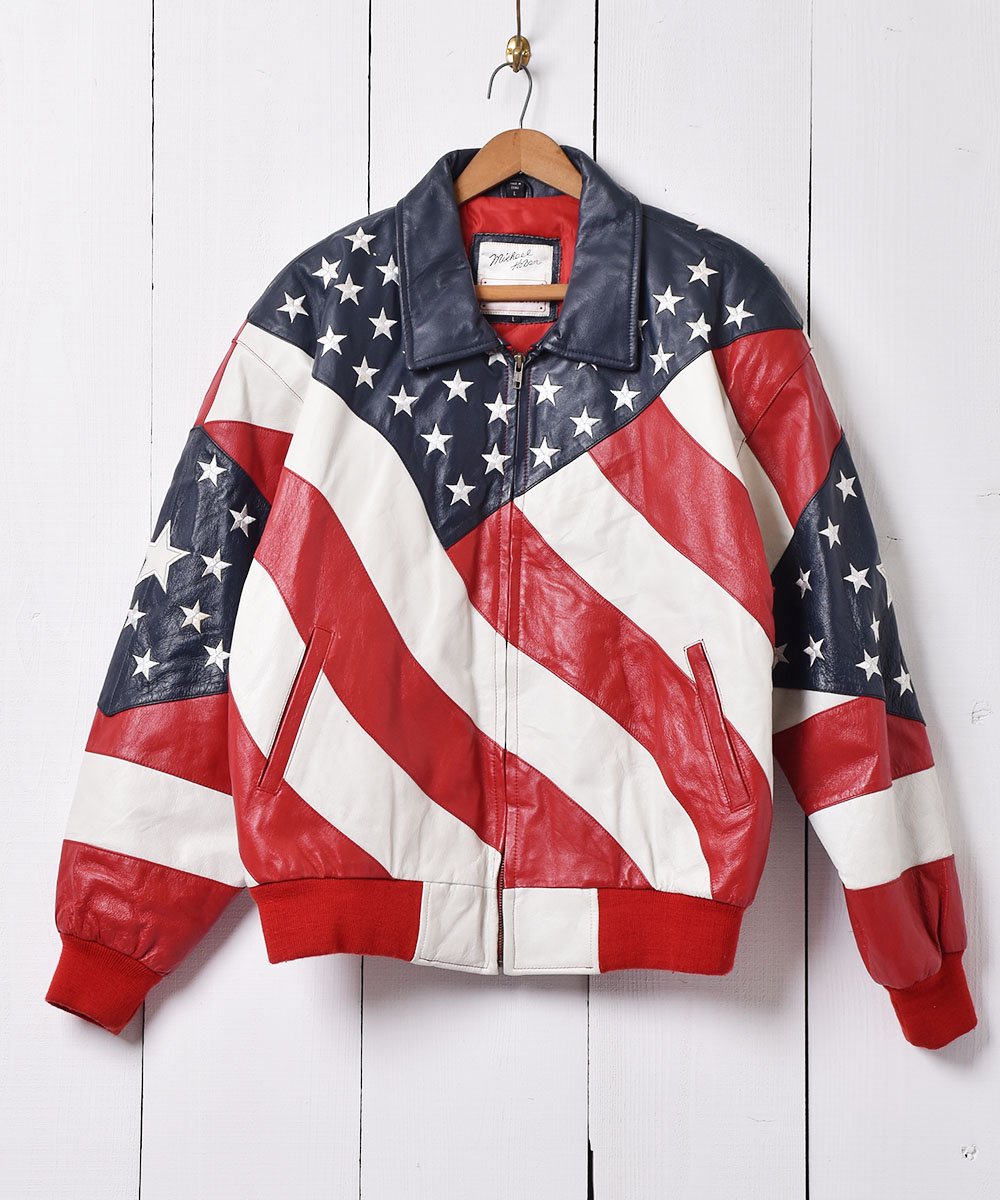 アメリカ国旗デザイン レザージャケット ブルゾン - 古着のネット通販 
