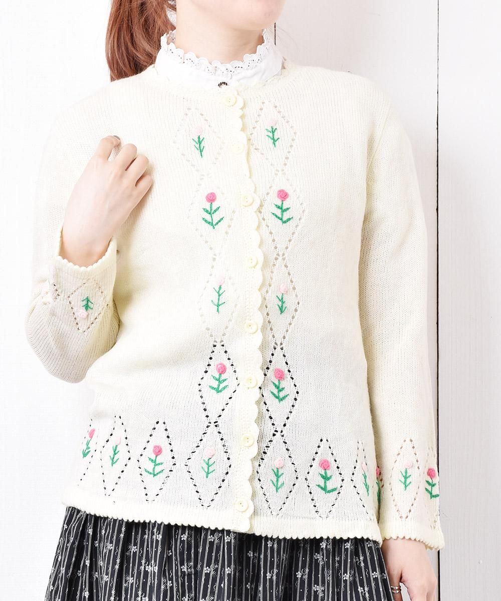 花刺繍 ニットカーディガン 古着のネット通販サイト 古着屋グレープフルーツムーン Grapefruitmoon Onlineshop ヴィンテージアイテム レトロファッション