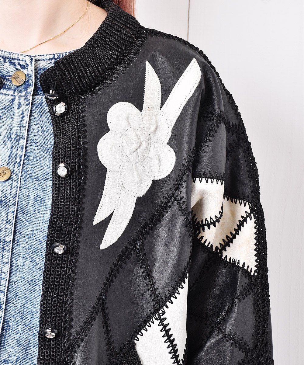 花モチーフ 刺繍 レザージャケット カーディガン - 古着のネット通販