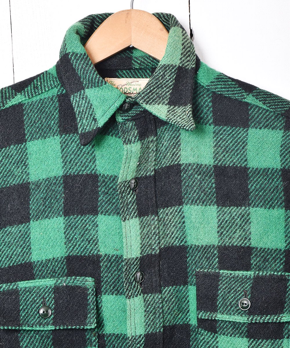 グリーン×ブラック チェック柄 マチ付きウールシャツ - 古着のネット