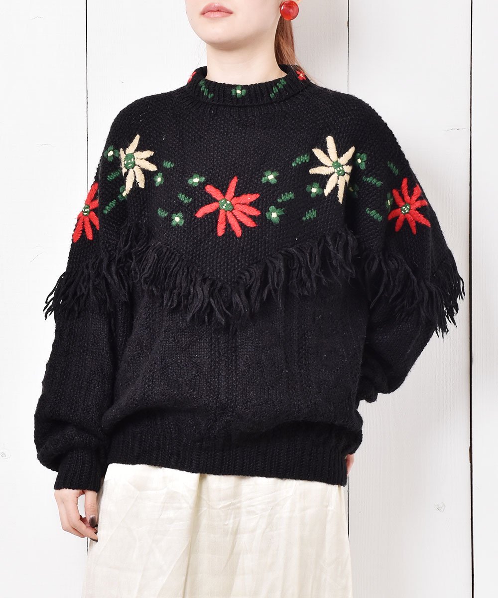 花刺繍 フリンジ ローゲージ セーター - 古着のネット通販サイト 古着