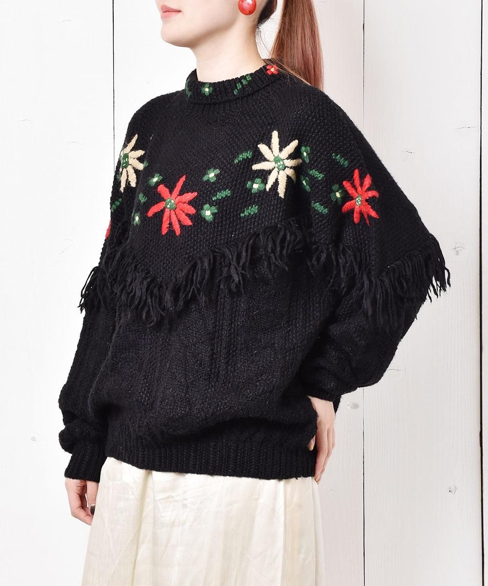 花刺繍 フリンジ ローゲージ セーター - 古着のネット通販サイト 古着