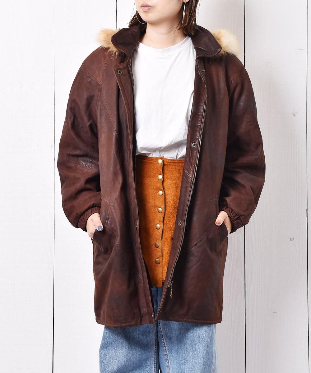 ファーフード付き レザーコート - 古着屋グレープフルーツ