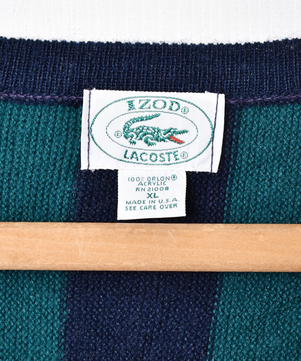 アメリカ製「IZOD LACOSTE」ストライプ柄 Vネック セーター - 古着の