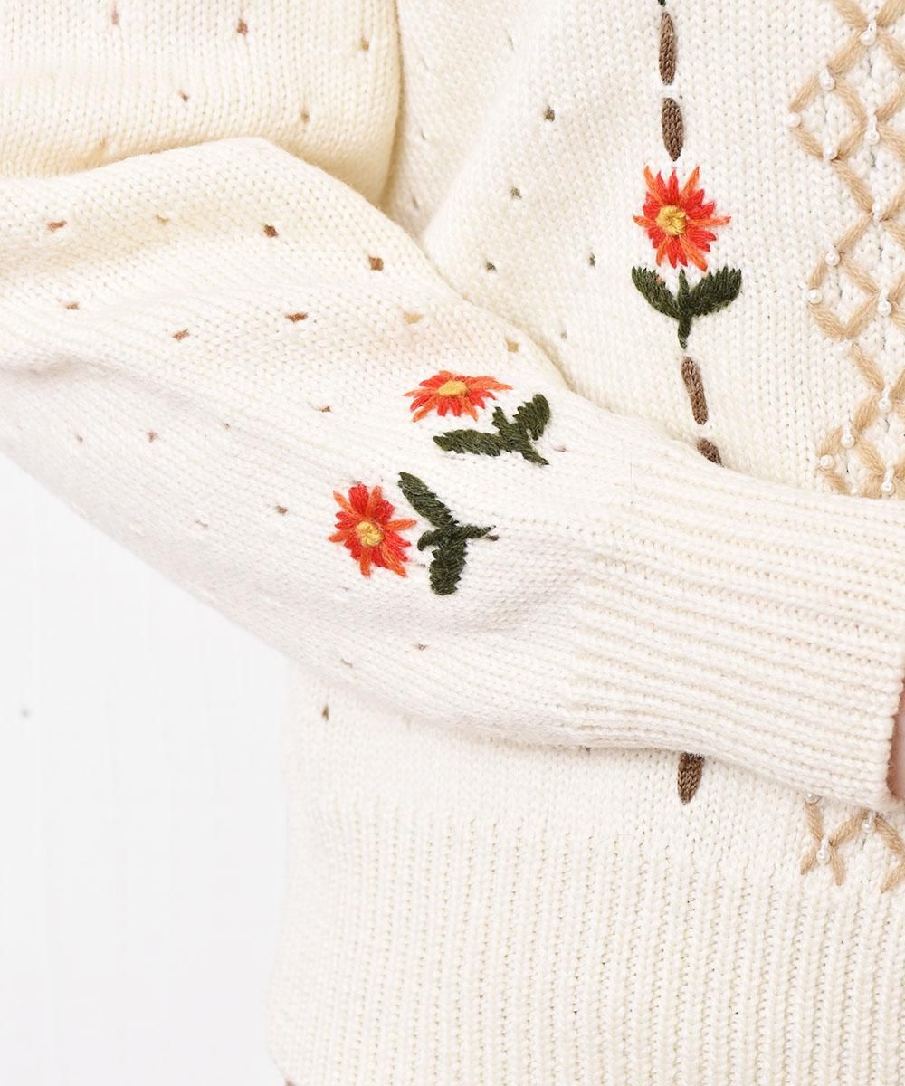 花刺繍 デザインニットカーディガン - 古着屋グレープフルーツ