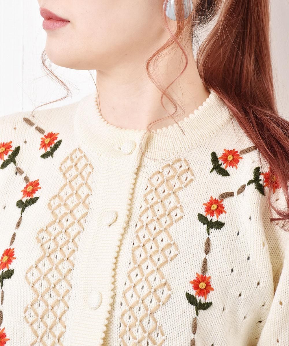 花刺繍 デザインニットカーディガン - 古着屋グレープフルーツ 花刺繍 デザインニットカーディガン - 古着屋グレープフルーツ