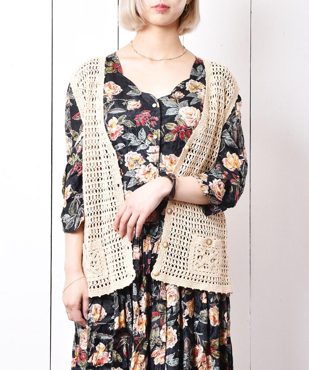 クロシェ編み ニット ベスト - 古着屋グレープフルーツ ムーン クロシェ編み ニット ベスト - 古着屋グレープフルーツ ムーン