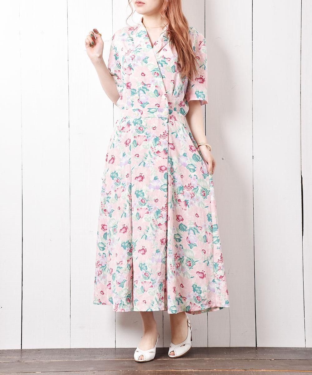花柄ダブルボタン ロングワンピース ピンク 古着のネット通販サイト 古着屋グレープフルーツムーン Grapefruitmoon Onlineshop ヴィンテージアイテム レトロファッション