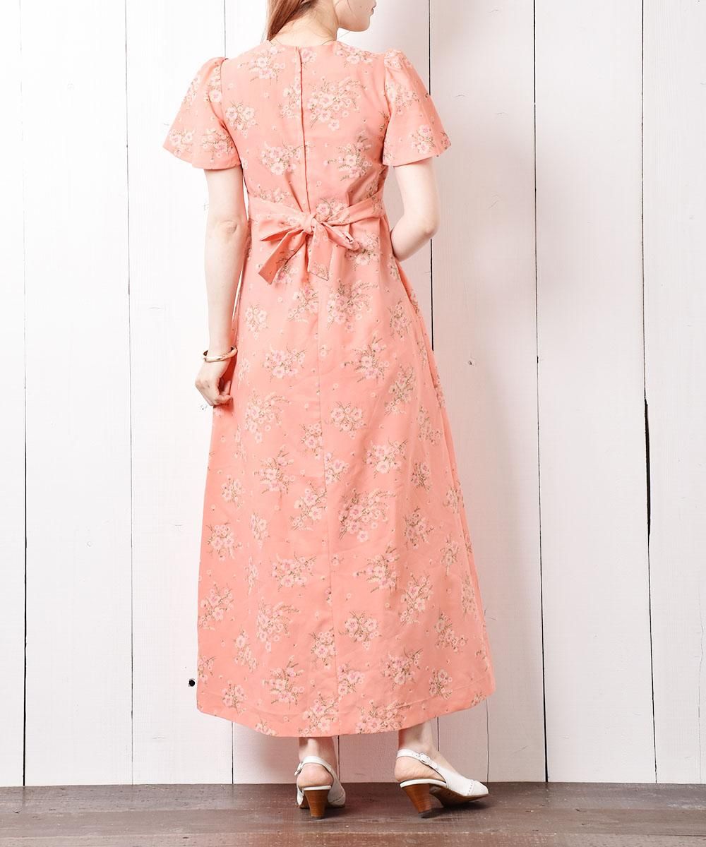 70'S 花柄 フレアスリーブ マキシ丈ワンピース サーモンピンク 70'S 花柄 フレアスリーブ マキシ丈ワンピース サーモンピンク