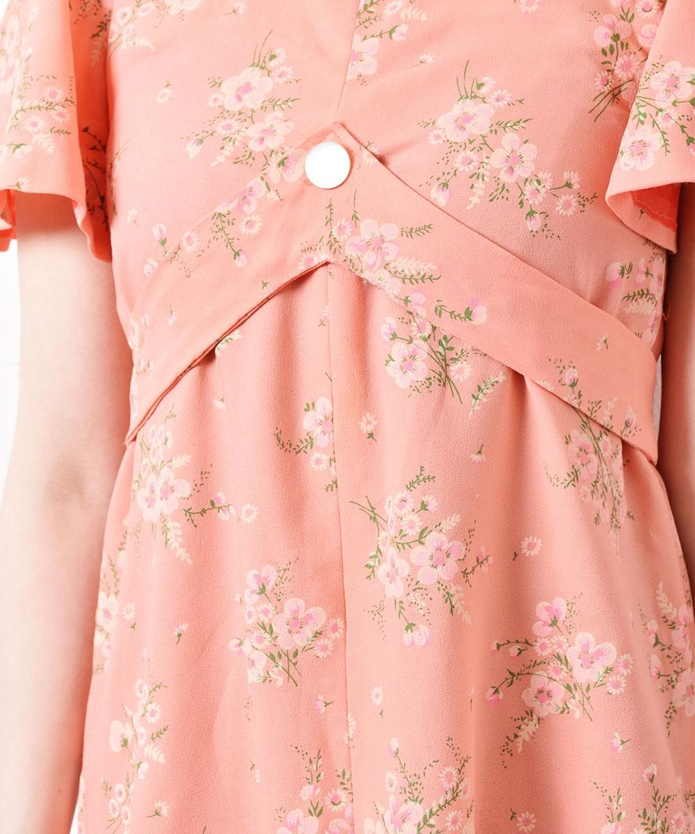 70'S 花柄 フレアスリーブ マキシ丈ワンピース サーモンピンク 70'S 花柄 フレアスリーブ マキシ丈ワンピース サーモンピンク