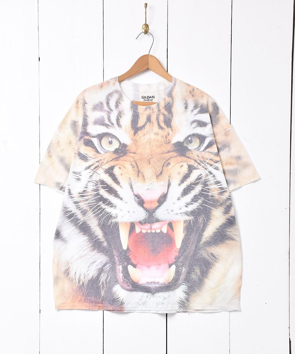 虎 アニマル 転写プリント Tシャツ - 古着屋グレープフルーツ