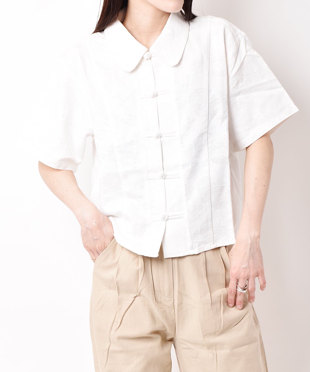 2色展開】織り柄 チャイナボタン 半袖シャツ ホワイト - 古着のネット