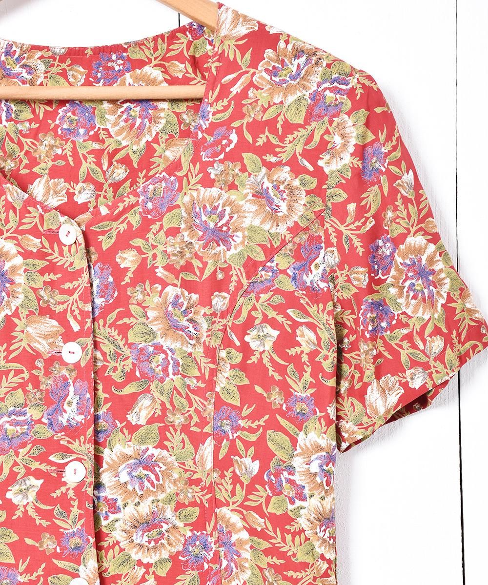 シェルボタン 花柄 半袖ワンピース - 古着屋グレープフルーツ