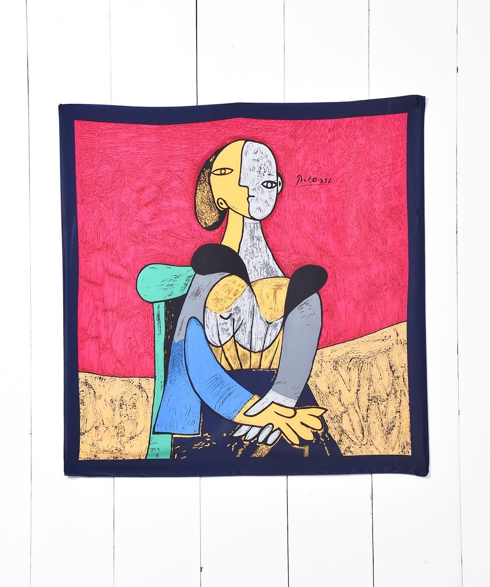 ビンテージ90's○picassoアートプリントシルクスカーフ約87cm