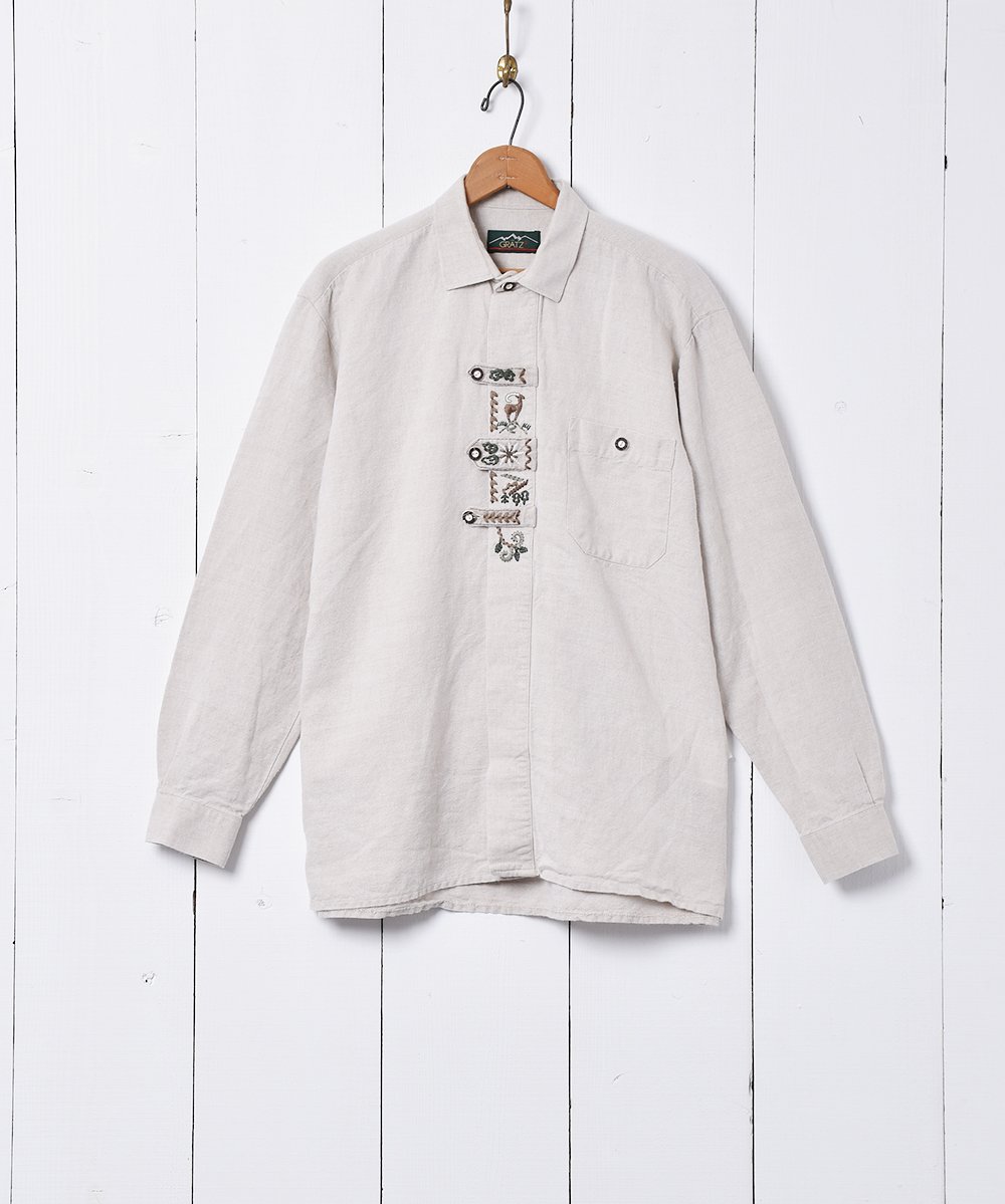 コットンリネン 刺繍 長袖 チロリアンシャツ - 古着のネット通販サイト