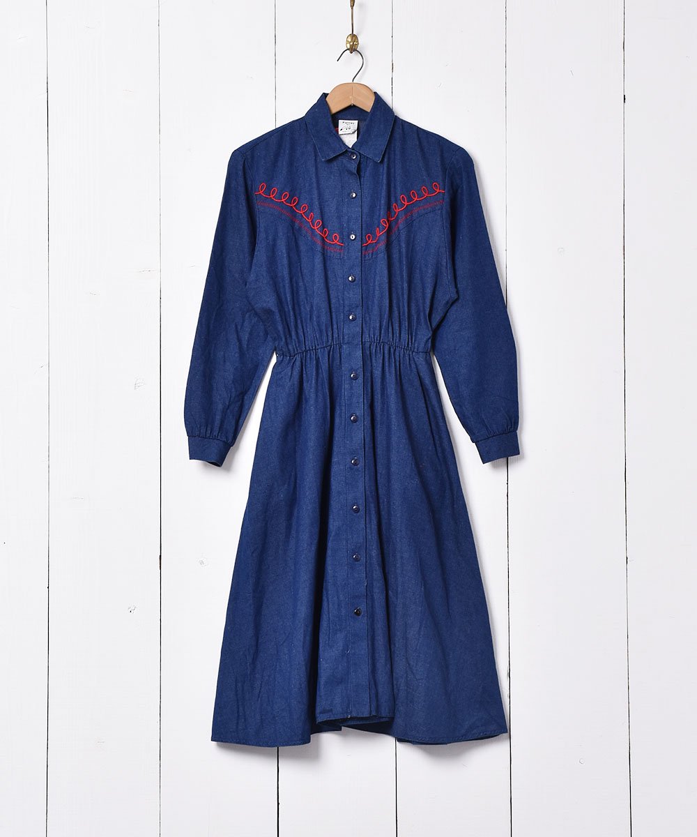 アメリカ製 刺繍 長袖シャンブレーシャツワンピース - 古着のネット