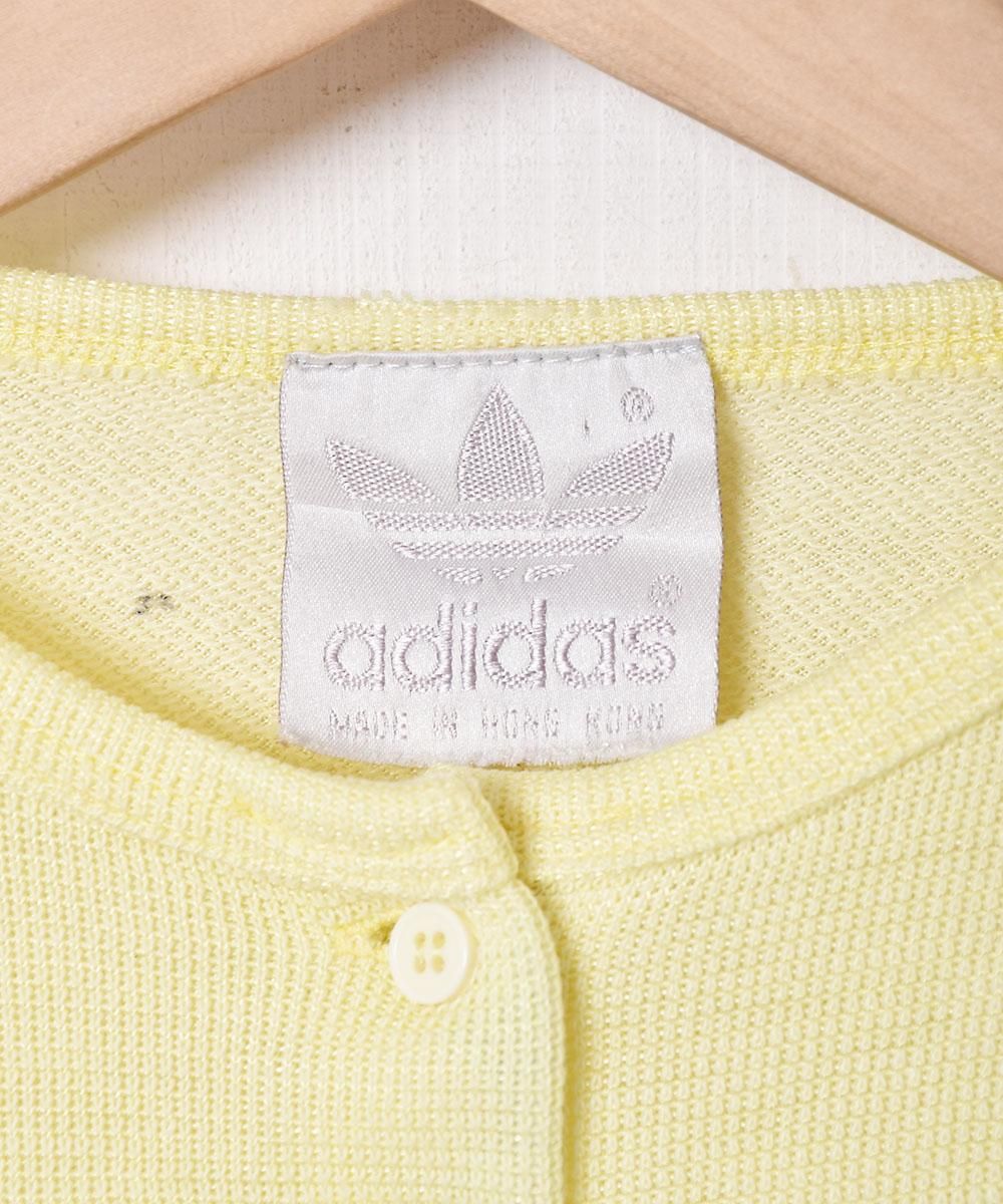 【M24】80-90s adidasヘンリーネックスウェットホワイト×イエロー adidas ヘンリーネック スウェットシャツ - 古着屋