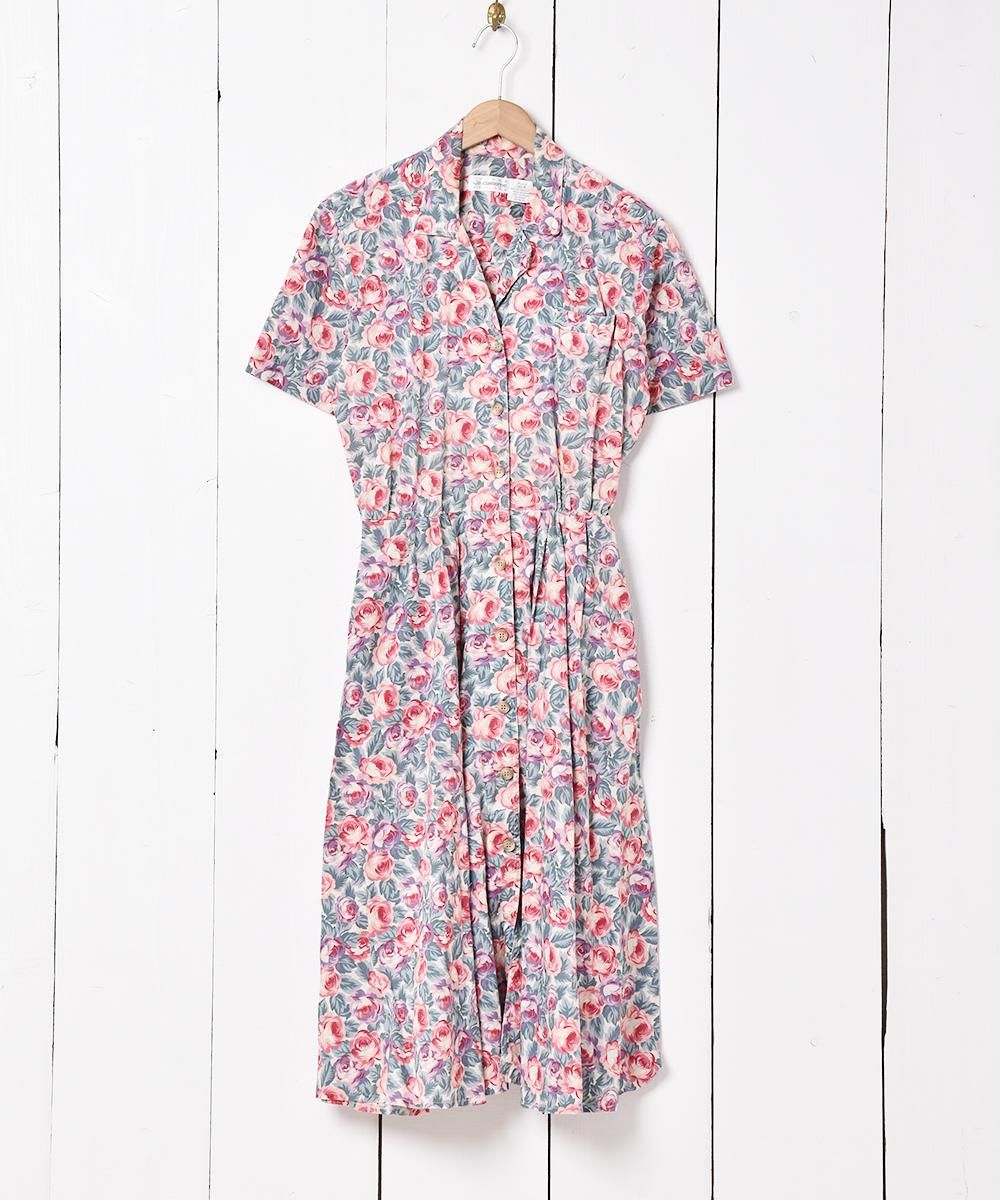 昭和レトロ花柄半袖ロングシャツワンピースオープンカラー腰紐付きクリームb1 花柄シャツワンピースワンピ ワンピース 花柄 レトロ 大花 長袖